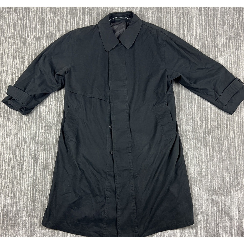 London Fog Trench Coat Mens 42 Short Black Button Front Lined Classic Overcoat